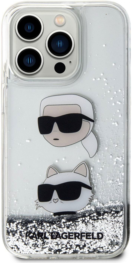 Karl Lagerfeld Liquid Glitter Karl and Choupette Head iPhone 15 Pro Silver