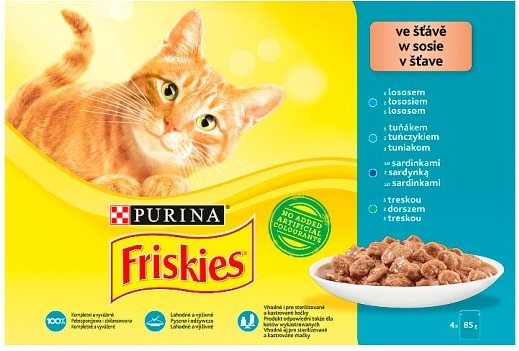 Friskies pre dospelé mačky s lososom tuniakom treskou a sardinkami v šťave 4 x 85 g