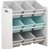 Regál sivý biely drevený, plastové boxy / organizér na hračky pre deti Regál sivý biely drevený, plastové boxy / organizér na hračky pre deti