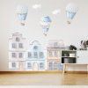 INSPIO Nálepka Modré domčeky do detskej izby s balónmi balóny, domy a kopce modrá, krémová, plnofarebný motív
