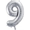 PartyDeco Fóliový balón narodeninové číslo 9 strieborný 86cm