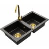 Dvojkomorový granitový drez MEXEN MARIO s kuchynskou batériou čierny/zlatý Dvojkomorový granitový drez MEXEN MARIO s kuchynskou batériou čierny/zlatý