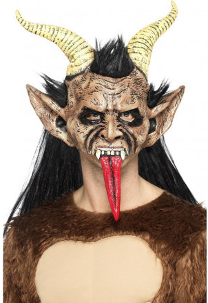 Maska s vlasy Čert Krampus s rohmi a jazykom