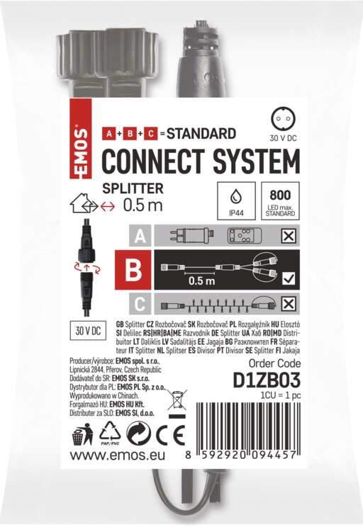 Emos Connect System B Standard splitter rozbočovač pre vianočné reťaze 0,5m čierny