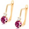 Šperky eshop - Náušnice zo žltého 14K zlata - lesklá palička, číry a tmavoružový zirkón GG93.46 Šperky eshop - Náušnice zo žltého 14K zlata - lesklá palička, číry a tmavoružový zirkón GG93.46