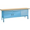 Pracovný stôl Lista, š 2000 mm, multiplex pracovná doska, 2x dvierka, 7x zásuvky, modrá Pracovný stôl Lista, š 2000 mm, multiplex pracovná doska, 2x dvierka, 7x zásuvky, modrá