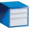 Závesný dielenský box na náradie k pracovným stolom GD, 3 zásuvky, zámok, 510 x 592 x 470 mm, modrá / sivá Závesný dielenský box na náradie k pracovným stolom GD, 3 zásuvky, zámok, 510 x 592 x 470 mm, modrá / sivá