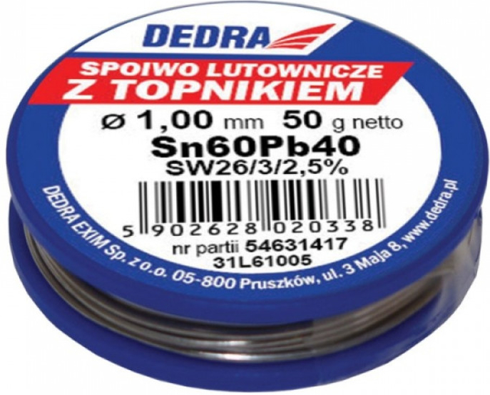 Dedra Spájkovací cín s tavidlom,1.0mm, 50g, 60%SN, Pb40Sn60