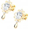 Šperky eshop - Náušnice v žltom 14K zlate - oválny číry zirkón lemovaný ornamentami, slza S2GG102.07 Šperky eshop - Náušnice v žltom 14K zlate - oválny číry zirkón lemovaný ornamentami, slza S2GG102.07