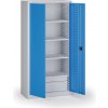 Policová dielenská skriňa 2-dverová, 4 police + 2 zásuvky, 1950 × 950 × 500 mm, modré dvere Policová dielenská skriňa 2-dverová, 4 police + 2 zásuvky, 1950 × 950 × 500 mm, modré dvere