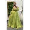 Dlhé elegantné spoločenské šaty s tylom, dlhými rukávmi a opaskom - limetkové 38 Dlhé elegantné spoločenské šaty s tylom, dlhými rukávmi a opaskom - limetkové 38