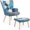 Relaxačné kreslo ušiak LISA + taburet — masív, látka, modrý patchwork Relaxačné kreslo ušiak LISA + taburet — masív, látka, modrý patchwork