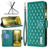 Peňaženkové kožené puzdro Diamond Lattice Zipper na Oppo Reno 7 5G - Zelená Peňaženkové kožené puzdro Diamond Lattice Zipper na Oppo Reno 7 5G - Zelená