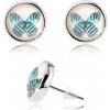 Šperky eshop - Náušnice cabochon, vypuklé sklo, modrý motýľ s čiernymi pásmi, biely podklad SP74.25 Šperky eshop - Náušnice cabochon, vypuklé sklo, modrý motýľ s čiernymi pásmi, biely podklad SP74.25