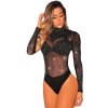 Dámské Body Black Mesh Silver Studded Mock Neck Bodysuit