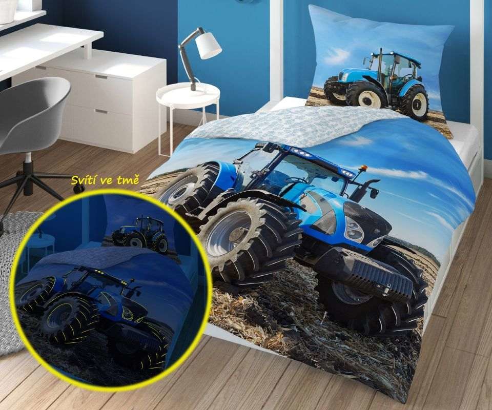 Detexpol Svietiace obliečky Traktor blue Bavlna 140x200 70x80