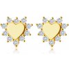 Šperky eshop - Zlaté 9K náušnice - malé srdiečko lemované lupeňmi kvetov, vykladané čírymi zirkónmi S4GG244.90 Šperky eshop - Zlaté 9K náušnice - malé srdiečko lemované lupeňmi kvetov, vykladané čírymi zirkónmi S4GG244.90