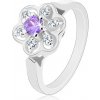 Šperky eshop - Ligotavý prsteň v striebornom odtieni, fialovo-číry zirkónový kvietok R31.7 - Veľkosť: 56 mm Šperky eshop - Ligotavý prsteň v striebornom odtieni, fialovo-číry zirkónový kvietok R31.7 - Veľkosť: 56 mm