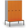 Drevená šatníková skrinka S4 s lavičkou, 4 oddiely, 1871 x 1200 x 500/800 mm, demont, mechanický kódový zámok, sivá/oranžová Drevená šatníková skrinka S4 s lavičkou, 4 oddiely, 1871 x 1200 x 500/800 mm, demont, mechanický kódový zámok, sivá/oranžová