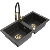 Mexen Mario žulový kuchynský drez 2-komorový s kuchynskou batériou Aster, čierny škvrnitý - 6504-76-73450-57-G Mexen Mario žulový kuchynský drez 2-komorový s kuchynskou batériou Aster, čierny škvrnitý - 6504-76-73450-57-G