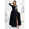 AMBER - Elegantné čierne čipkované dlhé šaty s výstrihom a rozparkom na nohách 309-11 XL