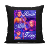 Rumi, Mira a Zoey - Huntrix - čierny vankúš s potlačou pre fanúšikov filmu KPop Demon Hunters - Koszulkowy | Čierna Rumi, Mira a Zoey - Huntrix - čierny vankúš s potlačou pre fanúšikov filmu KPop Demon Hunters - Koszulkowy | Čierna