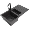 Mexen Matias žulový drez 1,5-komorový s odkvapkávacou plochou a kuchynskou batériou Rita, čierny škvrnitý Mexen Matias žulový drez 1,5-komorový s odkvapkávacou plochou a kuchynskou batériou Rita, čierny škvrnitý