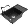 Mexen Elias granitový kuchynský drez s 1 komorou, odkvapkávacou plochou a kuchynskou batériou Carla, čierny/strieborný Mexen Elias granitový kuchynský drez s 1 komorou, odkvapkávacou plochou a kuchynskou batériou Carla, čierny/strieborný
