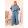 Legínovo Dámsky komplet Plus Size z tencelu blúzka a nohavice s viazaním svetlo džínsový Farba: Džínsová, Veľkosť: UNI Legínovo Dámsky komplet Plus Size z tencelu blúzka a nohavice s viazaním svetlo džínsový Farba: Džínsová, Veľkosť: UNI