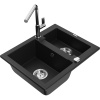 Mexen Carlos žulový kuchynský drez 1,5-komorový s kuchynskou batériou Flora, čierny - 6518-77-670401-00 Mexen Carlos žulový kuchynský drez 1,5-komorový s kuchynskou batériou Flora, čierny - 6518-77-670401-00