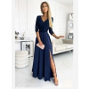 Numoco 309-6 AMBER elegantné čipkované dlhé šaty s výstrihom - tmavomodré Numoco 309-6 AMBER elegantné čipkované dlhé šaty s výstrihom - tmavomodré