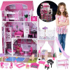 JOKO Veľký Drevený domček pre bábiky 90cm s výťahom, šmýkačkou a LED svetlom, ružový