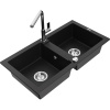 Mexen Mario drez z granitu, 2-komorový s kuchynskou batériou Flora, čierny - 6504-77-670401-00 Mexen Mario drez z granitu, 2-komorový s kuchynskou batériou Flora, čierny - 6504-77-670401-00