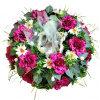 Smútočný veniec kruh umelé dahlie, margarétky a doplnky Ø 60cm Smútočný veniec kruh umelé dahlie, margarétky a doplnky Ø 60cm