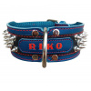 Obojok kožený 7cm s menom + ostne - modrý, čierny Obojok kožený 7cm s menom + ostne - modrý, čierny