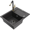 Mexen Enzo granitový drez 1-komorový s odkvapávačom a kuchynskou batériou Flora, čierny škvrnitý - 6506-76-670401-57-B Mexen Enzo granitový drez 1-komorový s odkvapávačom a kuchynskou batériou Flora, čierny škvrnitý - 6506-76-670401-57-B