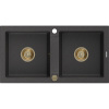 Mexen Mario, granitový drez 820x436x161 mm, 2-komorový, čierna škvrnitá so zlatým sifónom, 6504822000-76-G Mexen Mario, granitový drez 820x436x161 mm, 2-komorový, čierna škvrnitá so zlatým sifónom, 6504822000-76-G