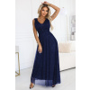 637-3 Long evening dress with a brocade accent and a deep neckline - navy blue modrá One size numoco basic 5903938296864 637-3 Long evening dress with a brocade accent and a deep neckline - navy blue modrá One size numoco basic 5903938296864