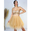 Dámske zlaté krátke áčkové šaty s tylovou sukňou - L Dámske zlaté krátke áčkové šaty s tylovou sukňou - L