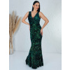 Luxusné dlhé zelené flitrované spoločenské šaty s véčkovým výstrihom - M Luxusné dlhé zelené flitrované spoločenské šaty s véčkovým výstrihom - M