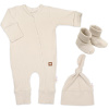 Baby Nellys Rastúci rebrovaný overálek, čiapočka a topánočky, 3D, Nature sv. béžová Baby Nellys Rastúci rebrovaný overálek, čiapočka a topánočky, 3D, Nature sv. béžová
