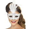 Maska škraboška - COLOMBINA ORNATE - strieborná s bielym perím Maska škraboška - COLOMBINA ORNATE - strieborná s bielym perím