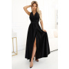Numoco MONIQUE dlhé exkluzívne saténové šaty s výstrihom a rozparkom na nohaviciach - čierne 587-2 Farba: Čierna, Veľkosť: L Numoco MONIQUE dlhé exkluzívne saténové šaty s výstrihom a rozparkom na nohaviciach - čierne 587-2 Farba: Čierna, Veľkosť: L