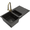 Mexen Matias granitový drez 1,5-komorový s odkvapkávačom a kuchynskou batériou Elia, čierny/zlatý metalický Mexen Matias granitový drez 1,5-komorový s odkvapkávačom a kuchynskou batériou Elia, čierny/zlatý metalický