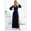 Numoco 572-1 NELA lesklé dlhé šaty s výstrihom a dlhými rukávmi - tmavomodré Numoco 572-1 NELA lesklé dlhé šaty s výstrihom a dlhými rukávmi - tmavomodré