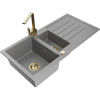 Mexen Andres žulový kuchynský drez 1,5-komorový s odkvapkávačom a kuchynskou batériou Rita, sivý - 6515-71-670300-50 Mexen Andres žulový kuchynský drez 1,5-komorový s odkvapkávačom a kuchynskou batériou Rita, sivý - 6515-71-670300-50