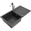 Mexen Leo granitový kuchynský drez s 1 komorou, odkvapkávačom a kuchynskou batériou Flora, čierny škvrnitý Mexen Leo granitový kuchynský drez s 1 komorou, odkvapkávačom a kuchynskou batériou Flora, čierny škvrnitý