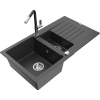 Mexen Matias granitový drez s 1,5 komorou s odkvapkávačom a kuchynskou batériou Flora, čierny so škvrnami Mexen Matias granitový drez s 1,5 komorou s odkvapkávačom a kuchynskou batériou Flora, čierny so škvrnami