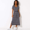 Pruhované midi šaty s výstrihom do „V“ a opaskom nám. modrá/ražná 040 Blancheporte Pruhované midi šaty s výstrihom do „V“ a opaskom nám. modrá/ražná 040 Blancheporte