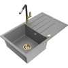 Mexen Bruno žulový kuchynský drez s 1 komorou a odkvapkávačom a kuchynskou batériou Flora, sivý - 6513-71-670401-57-G Mexen Bruno žulový kuchynský drez s 1 komorou a odkvapkávačom a kuchynskou batériou Flora, sivý - 6513-71-670401-57-G